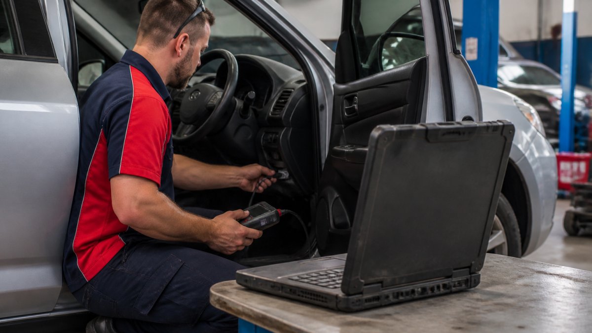 An automotive technician in a clean Australian workshop connecting a scan tool to a modern car's diagnostic port, laptop with fault code readout open on the bench beside him