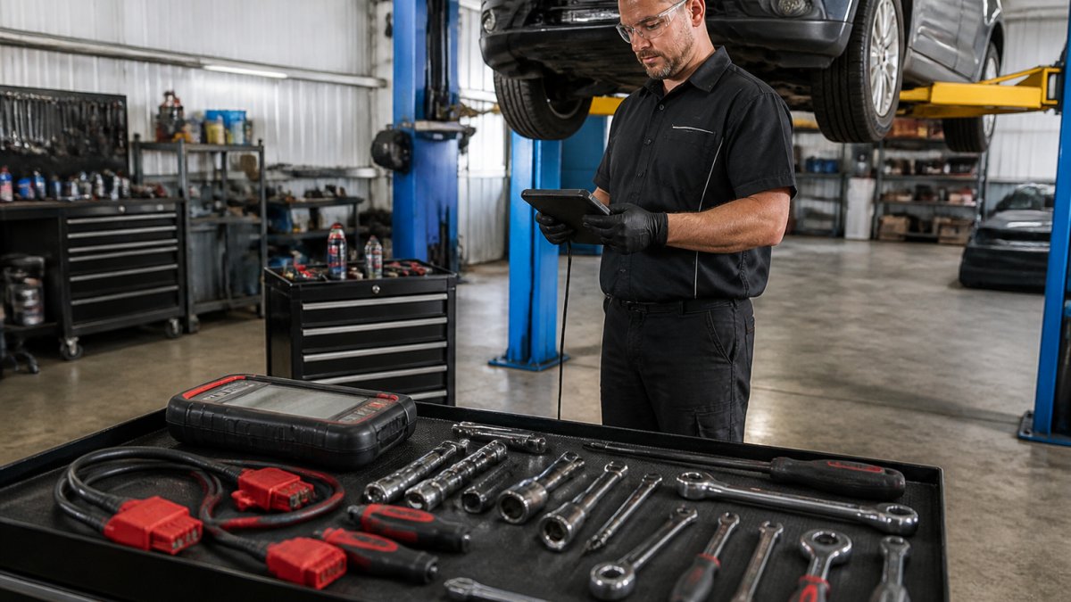 Mechanic using modern diagnostic tools in a clean, well-equipped workshop to ensure how to choose a good mechanic for older