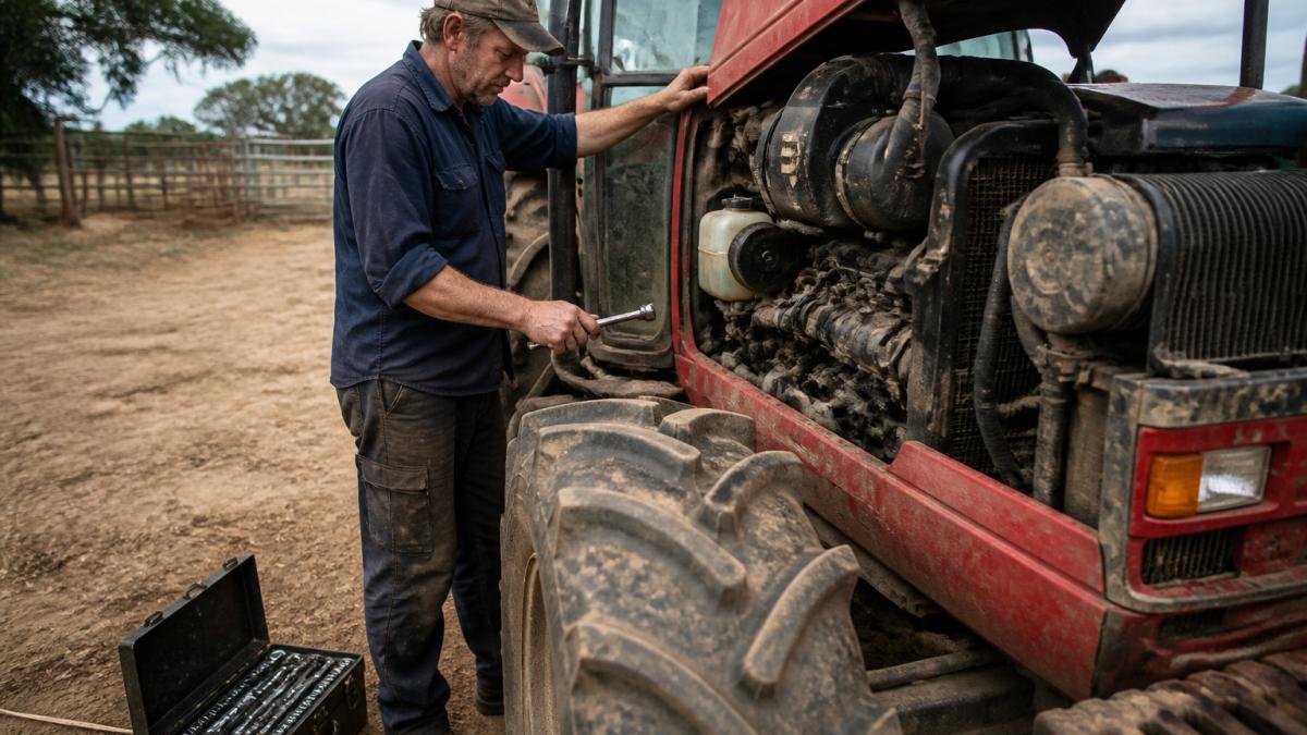 A farmer in work clothes inspecting the open engine bay of a red tractor in a dusty paddock, holding a wrench, with a toolbox on the ground nearby
