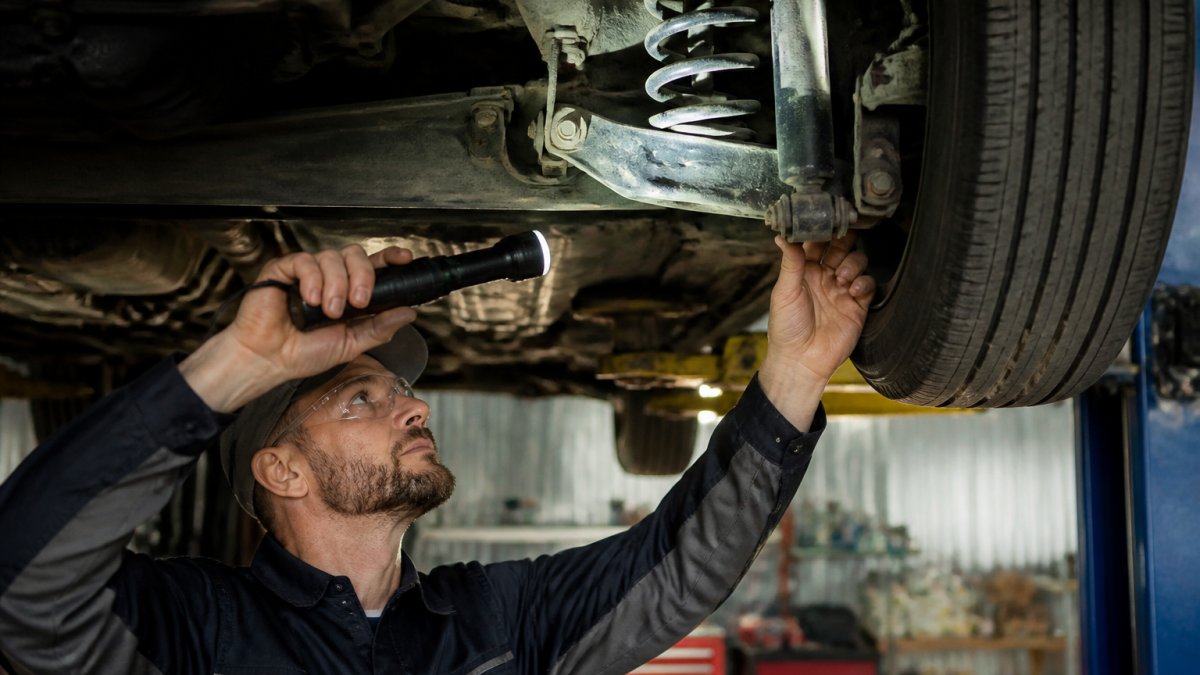 Professional mechanic inspecting the underside of a vehicle with a torch, examining a worn shock absorber and coil spring components in a service bay